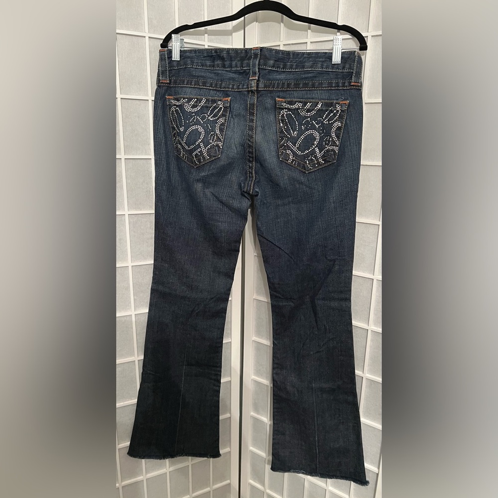 BEBE Classic Blue Bootcut/Flare Rhinestone Logo Pockets Denim Jeans - Picture 3 of 7